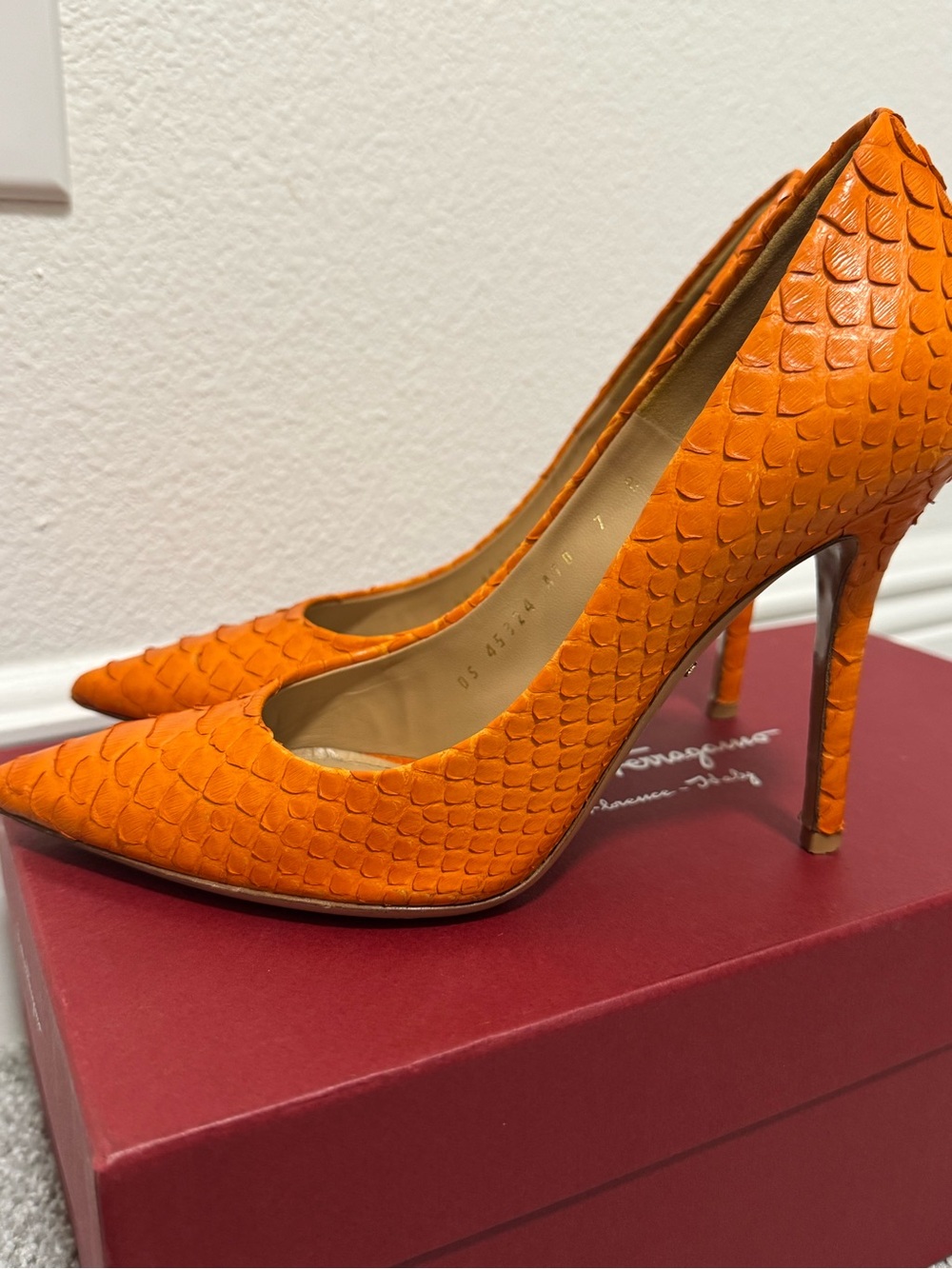 Salvatore Ferragamo Orange Textured Pointed-Toe Stiletto Pumps